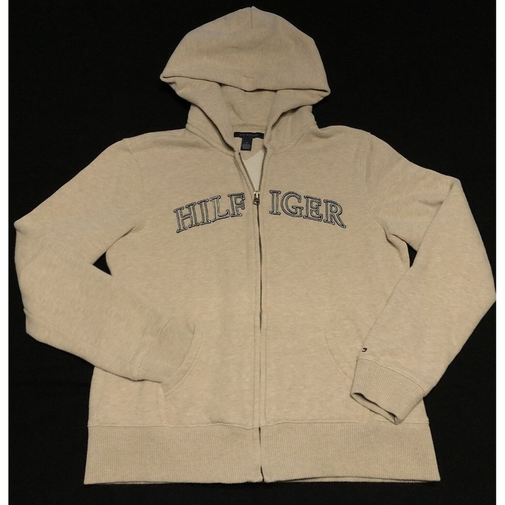 Tommy Hilfiger Womens Medium Desert Tan Full Zip Hoodie Sweatshirt Zipper Logo